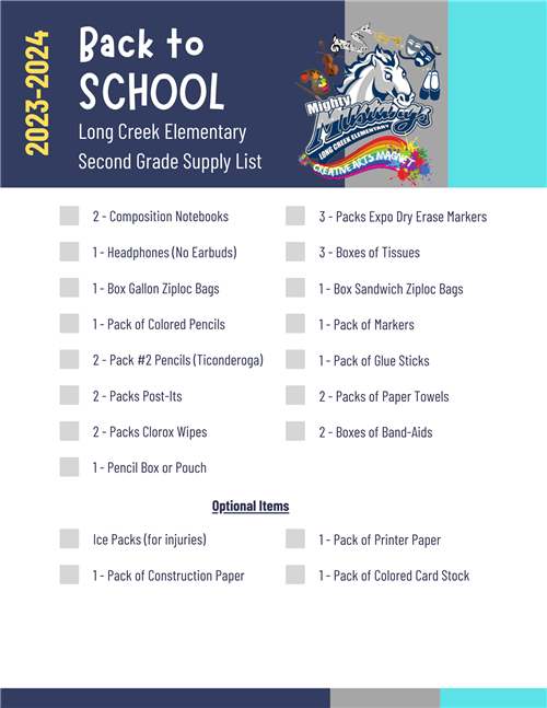 2023-2024 Second Grade School Supply List